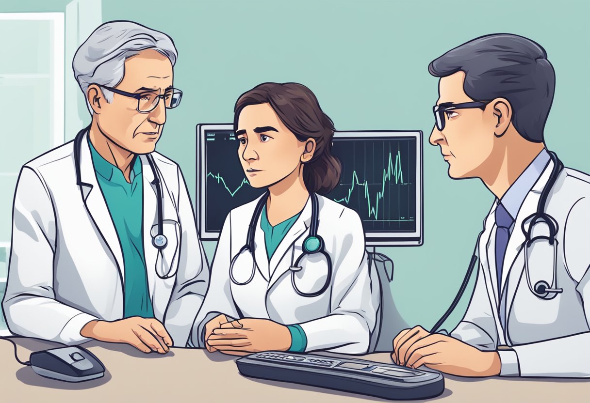 A heart monitor beeping rapidly, a doctor with furrowed brows, a patient looking anxious