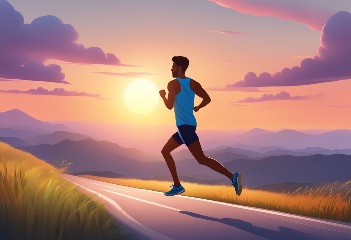 A person runs on an empty stomach, heart rate monitor visible, heart beating fast. Sunrise in the background