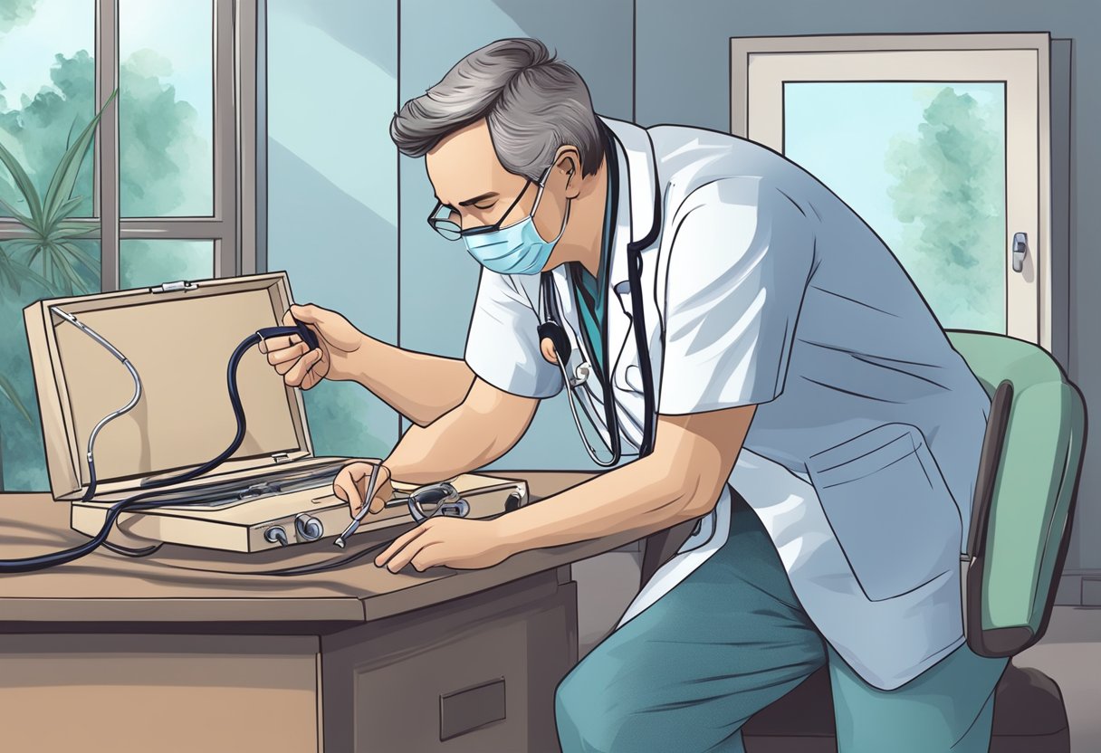 A stethoscope placed on a chest, with a concerned doctor listening to irregular heart sounds