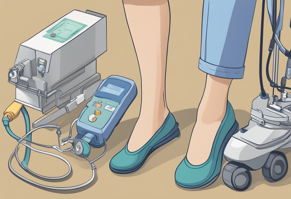 Ankles visibly swollen, surrounded by medical equipment. Text reads "Frequently Asked Questions: swollen ankles heart failure."