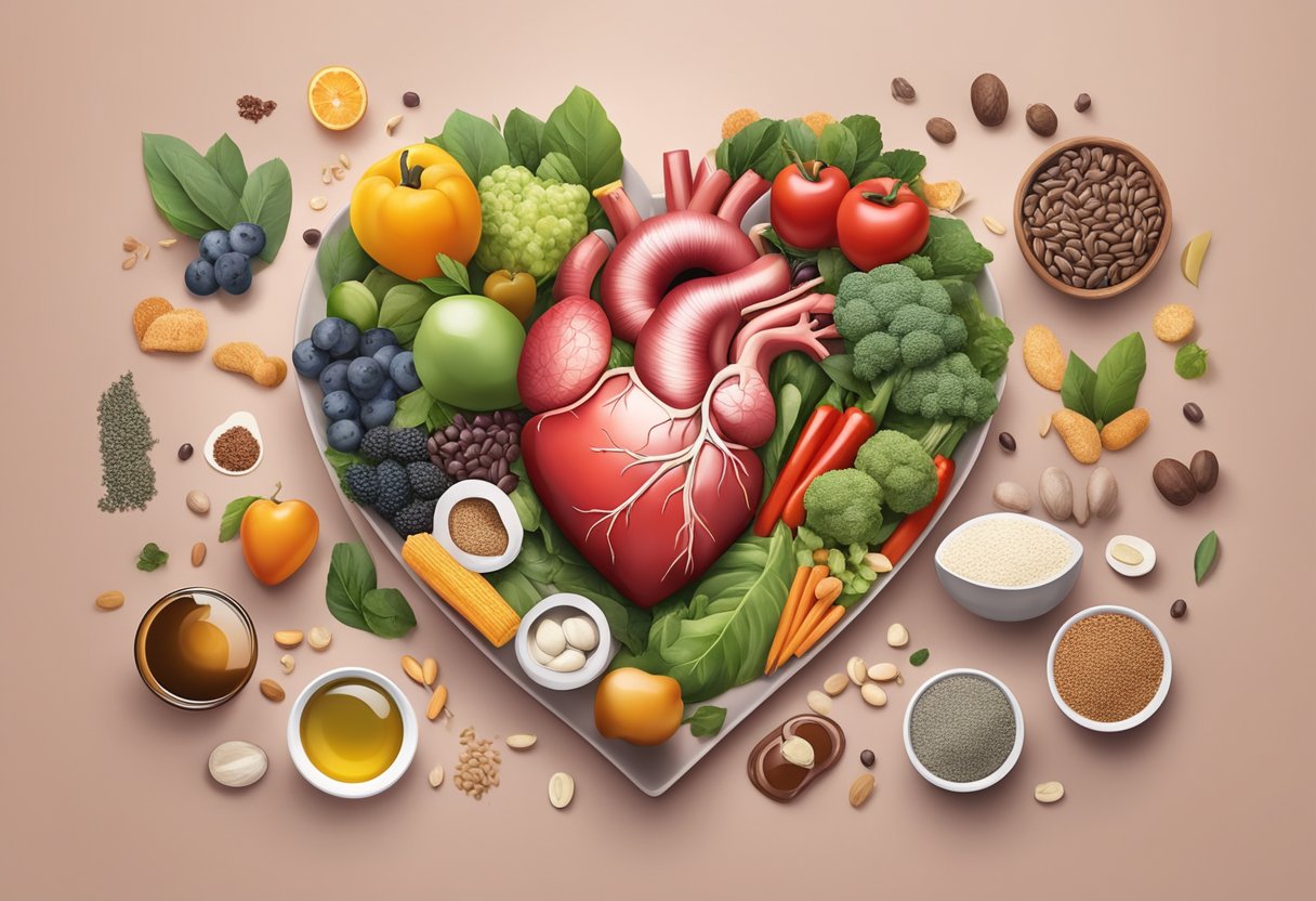 A heart surrounded by magnesium-rich foods and supplements, with arrows pointing towards the heart to symbolize the role of magnesium in heart health