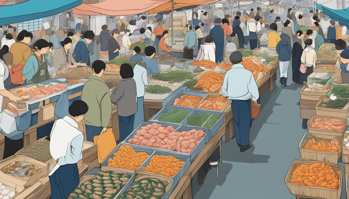 A bustling seafood market in Tokyo, with colorful stalls displaying an array of fresh fish, shellfish, and other ocean delicacies. Busy vendors and eager customers create a lively atmosphere