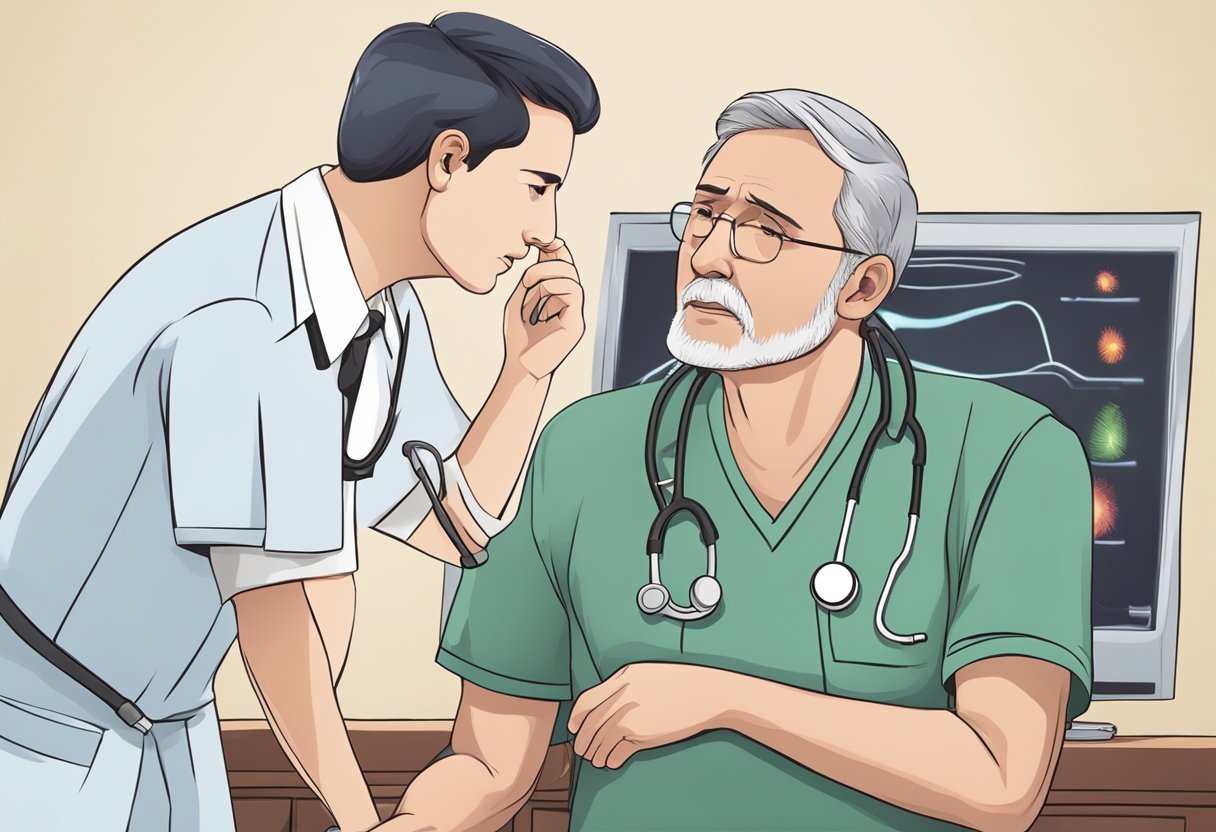 A stethoscope placed on a chest, with a concerned expression on the listener's face, indicating the presence of heart murmur symptoms in adults