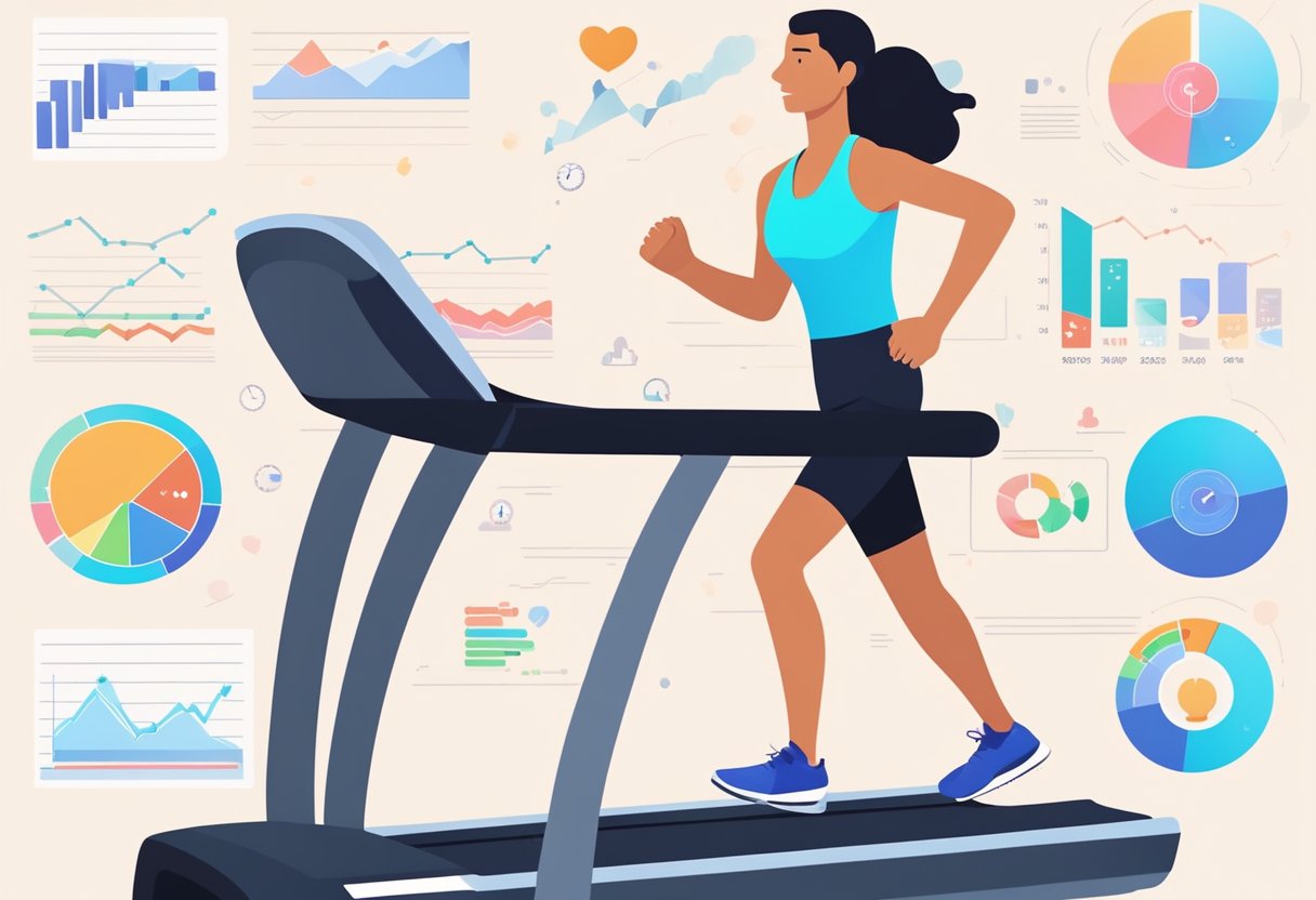 A person running on a treadmill, heart rate monitor visible, surrounded by charts and graphs showing the benefits and risks of fasted cardio