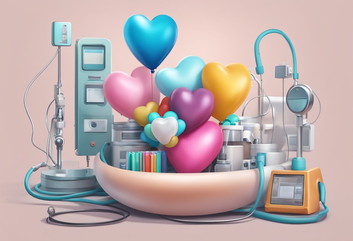 A heart-shaped balloon floats above a small, underdeveloped heart surrounded by medical equipment