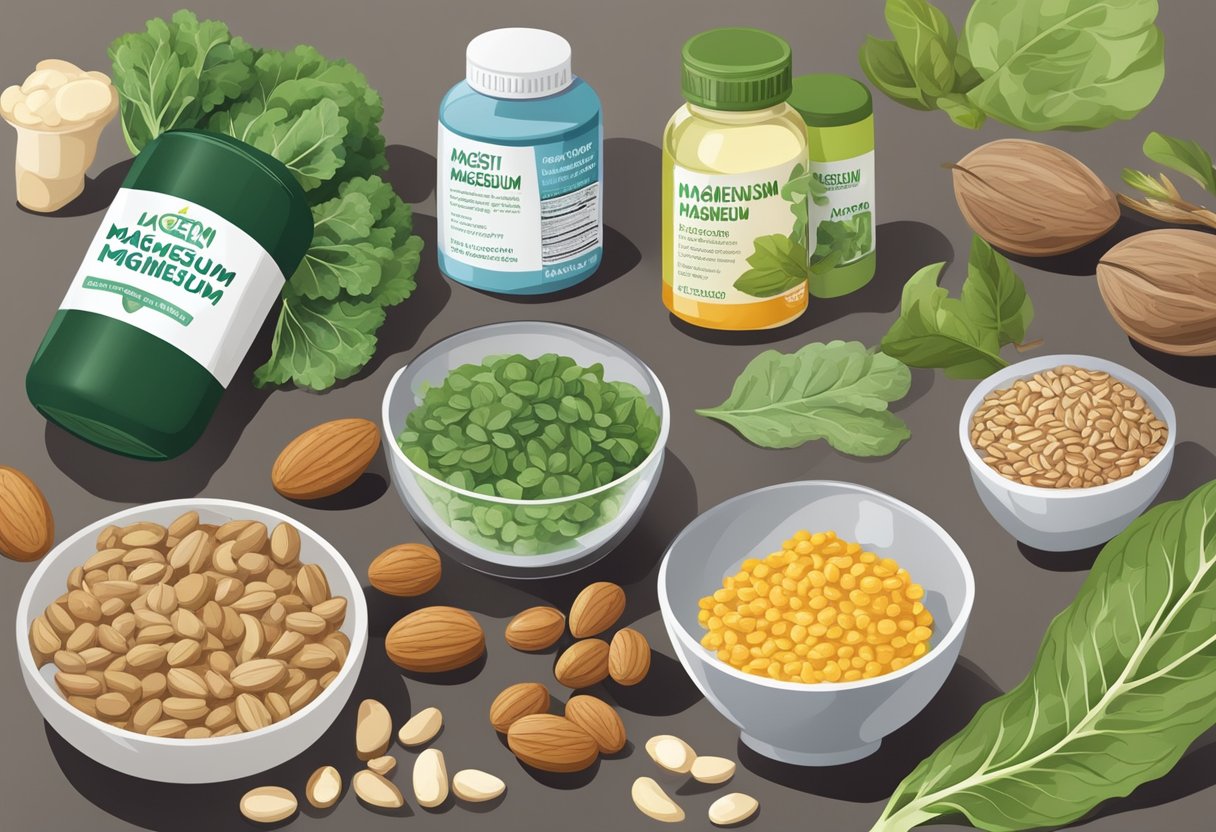 A variety of foods rich in magnesium, such as leafy greens, nuts, and seeds, are displayed next to bottles of magnesium supplements