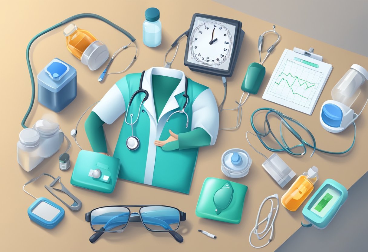 A doctor examines a heart monitor showing irregular rhythms. Medication bottles and medical equipment are scattered on the desk