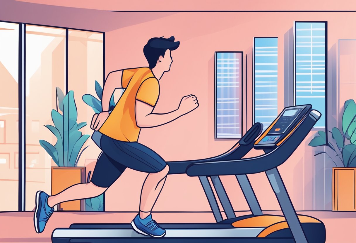 A person running on a treadmill, heart rate monitor displaying elevated heart rate. Timer showing fasted cardio duration. FAQ banner in background