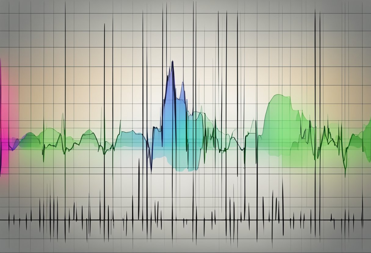 An ECG monitor displays abnormal heart rhythms, with irregular spikes and dips