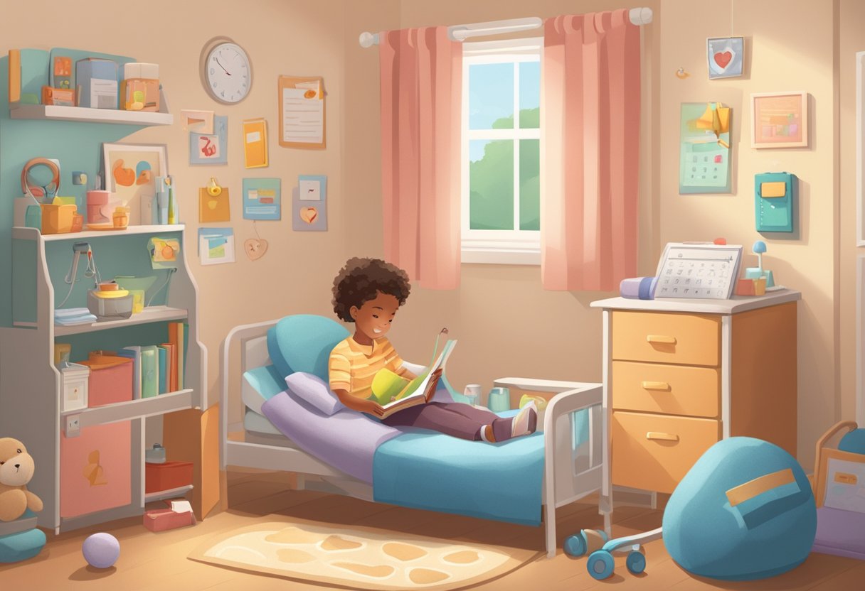 A child's room with medical equipment, toys, and a heart-shaped pillow. A calendar marks important medical appointments. A parent reads a book on HLHS