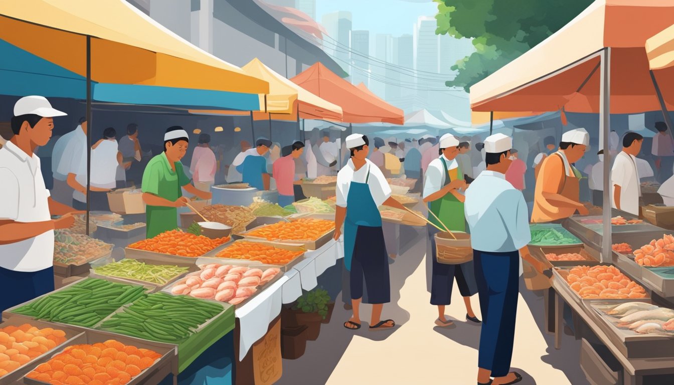 A bustling seafood market in Singapore, with colorful stalls brimming with fresh fish, succulent prawns, and exotic shellfish. The air is filled with the aroma of sizzling seafood and the sound of bustling vendors
