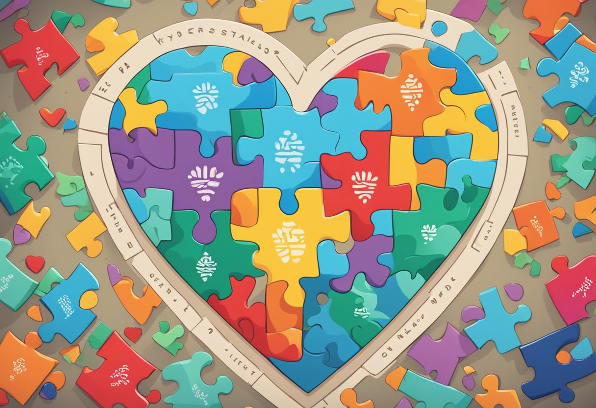 A heart-shaped puzzle with "Hypoplastic Left Heart Syndrome Life Expectancy" text surrounded by question marks