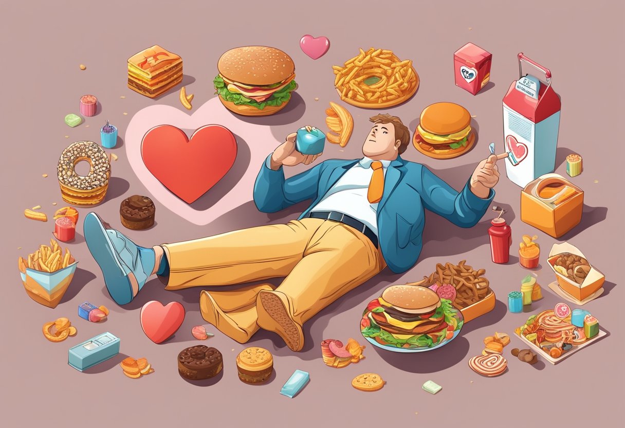 A sedentary figure surrounded by unhealthy food and a heart with a warning sign