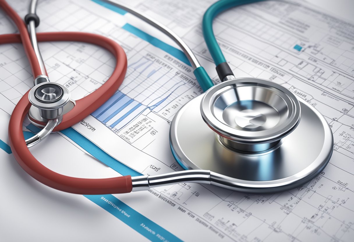 A stethoscope resting on a medical chart, with a diagram of the heart and a list of treatment options in the background
