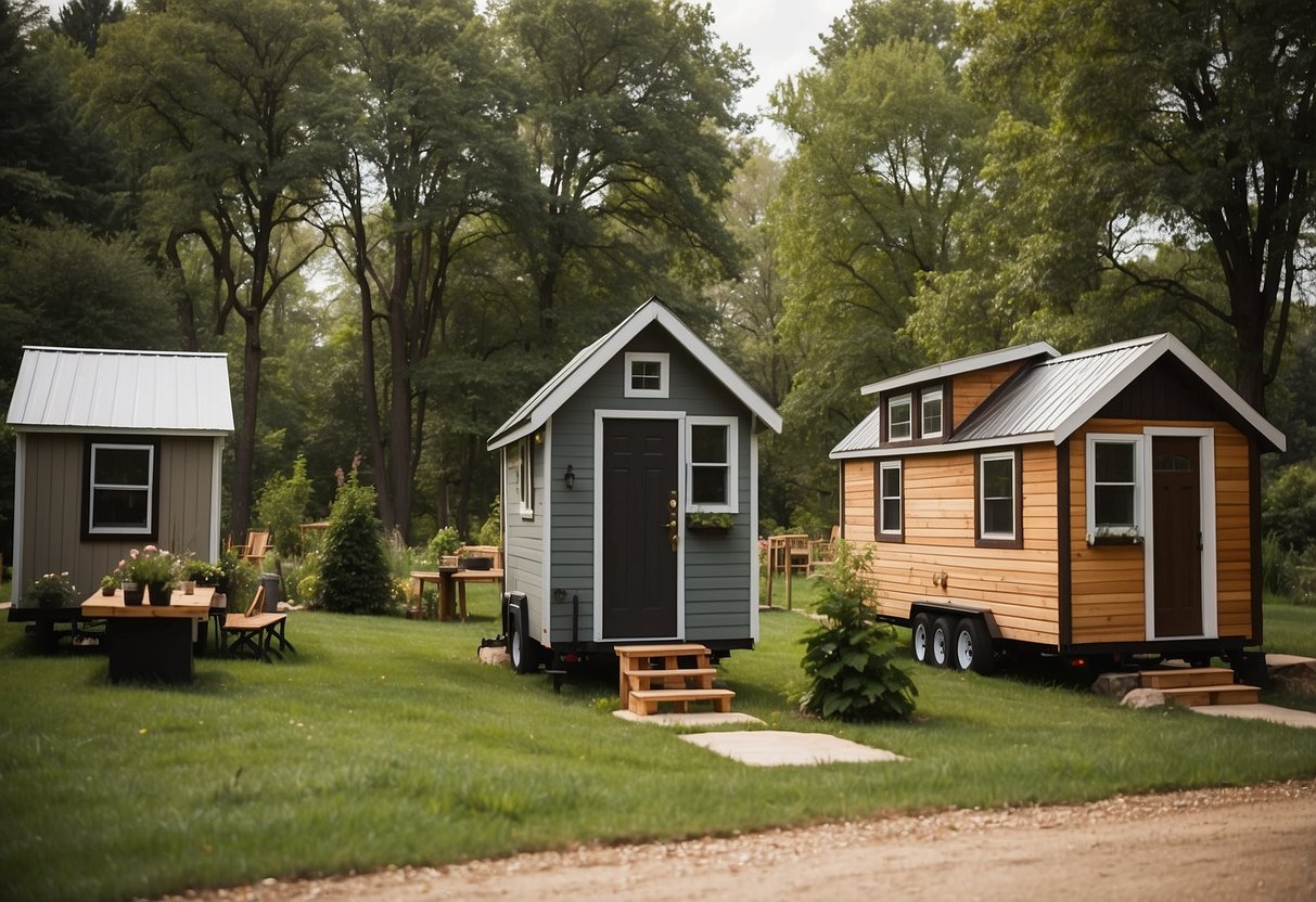 Tiny homes dotting the Wisconsin landscape, nestled among trees and rolling hills, with community gardens and shared gathering spaces