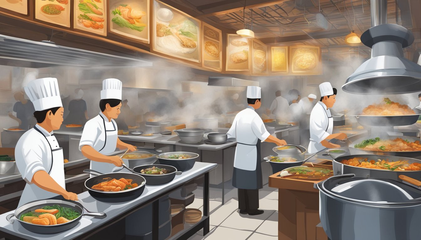 A bustling restaurant with steaming pots, sizzling pans, and a fragrant aroma of fresh fish and spices fills the air. Customers eagerly await their orders as chefs expertly prepare traditional steam fish dishes