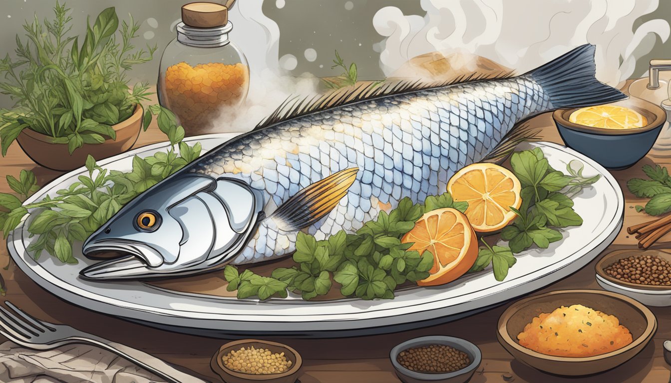 Steam rises from a sizzling fish on a plate, surrounded by a bed of fragrant herbs and spices. A sign reads "Frequently Asked Questions" in the background
