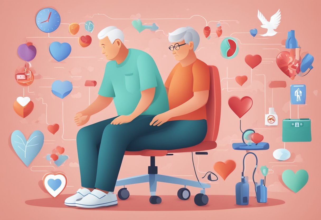 A sedentary figure surrounded by heart disease symbols, highlighting the impact of physical inactivity on heart health