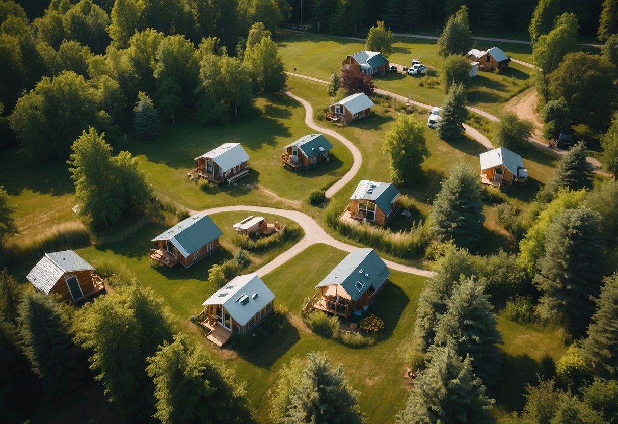 Aerial view of clustered tiny homes in rural Wisconsin, surrounded by lush greenery and small communal spaces