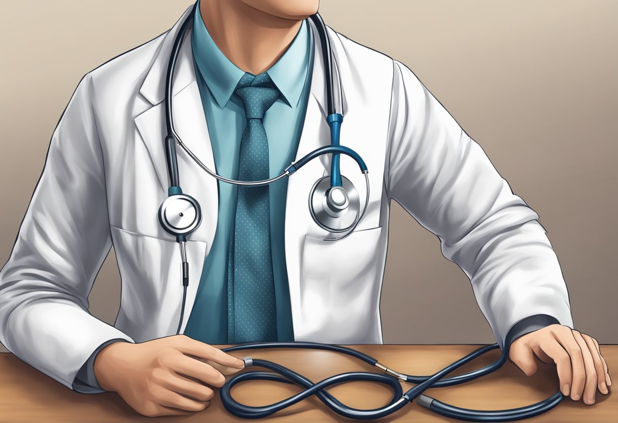 A stethoscope placed on a chest, with a doctor listening for heart murmur sounds