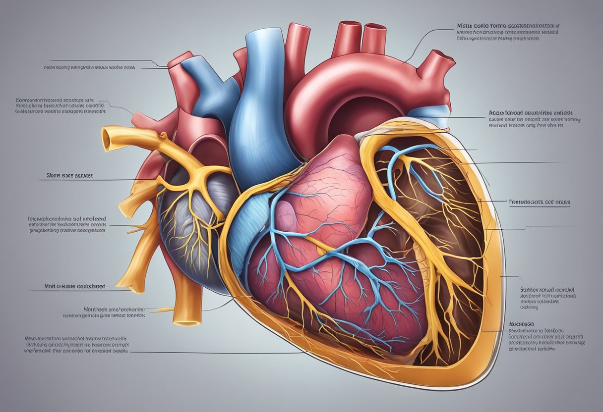 A damaged heart lies within a chest cavity, with visible scars and weakened tissue. Surrounding blood vessels show signs of blockage and strain