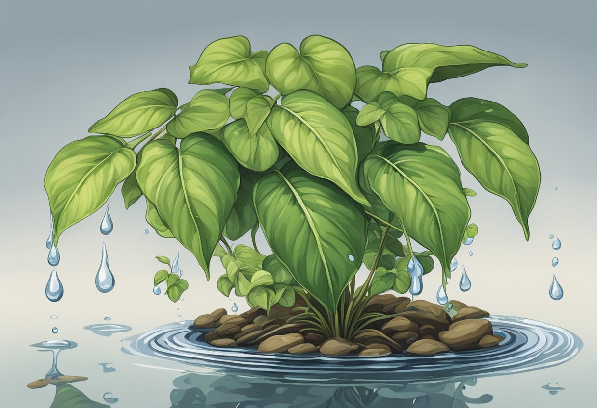 A wilted plant with drooping leaves and a puddle of water beneath it