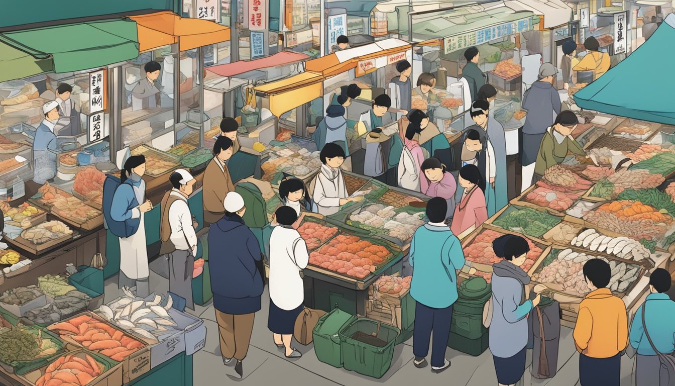 A bustling seafood market in Tokyo, with vendors and customers engaging in conversations and transactions. The colorful array of fresh fish and shellfish is prominently displayed, while signs and banners indicate the frequently asked questions about seafood
