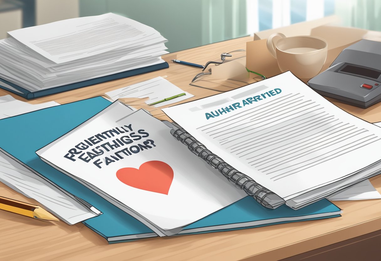 A stack of papers labeled "Frequently Asked Questions: Rheumatoid Arthritis" and "Heart Failure" on a desk