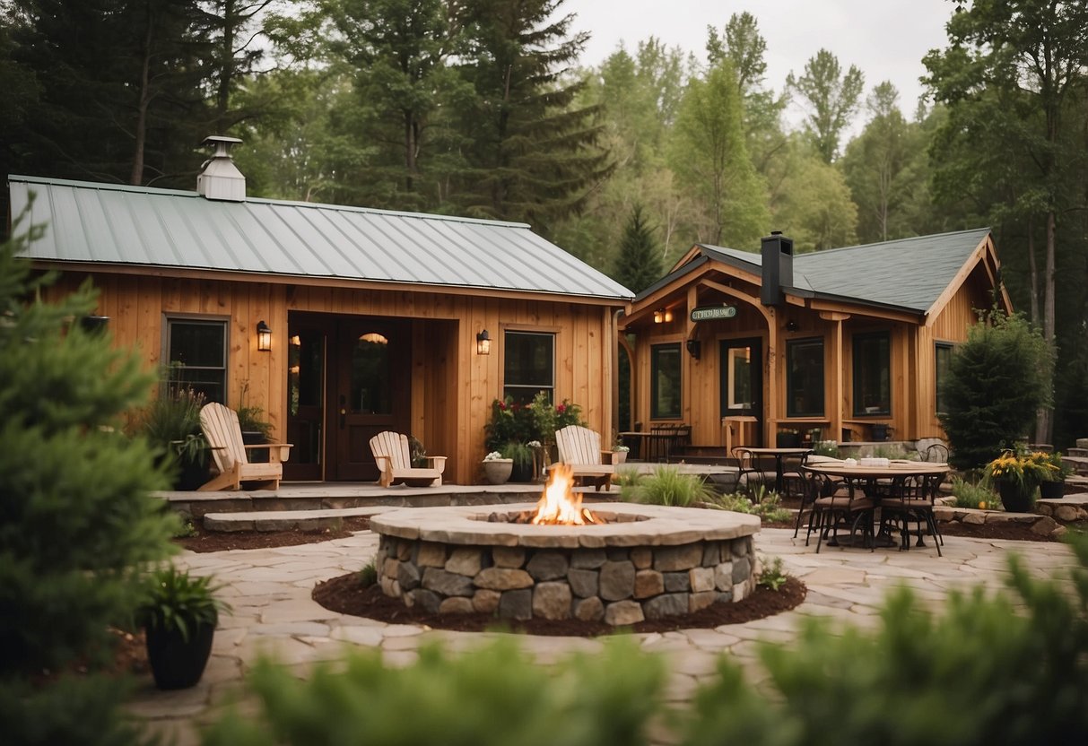 The tiny home community in Wisconsin features cozy cabins, communal gardens, and a central gathering area with a fire pit