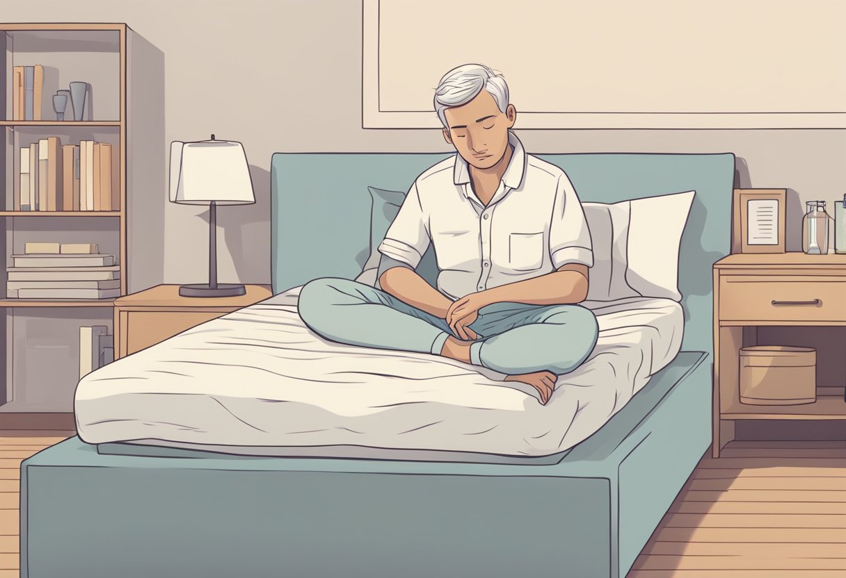 A person with low heart rate and diarrhea sits on a bed, holding their stomach in discomfort. Their face is pale and they appear weak