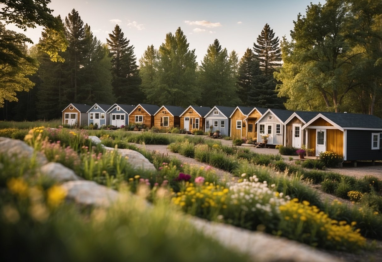 A group of tiny homes nestled in a picturesque Wisconsin landscape, with a central community area and small gardens dotted throughout the neighborhood