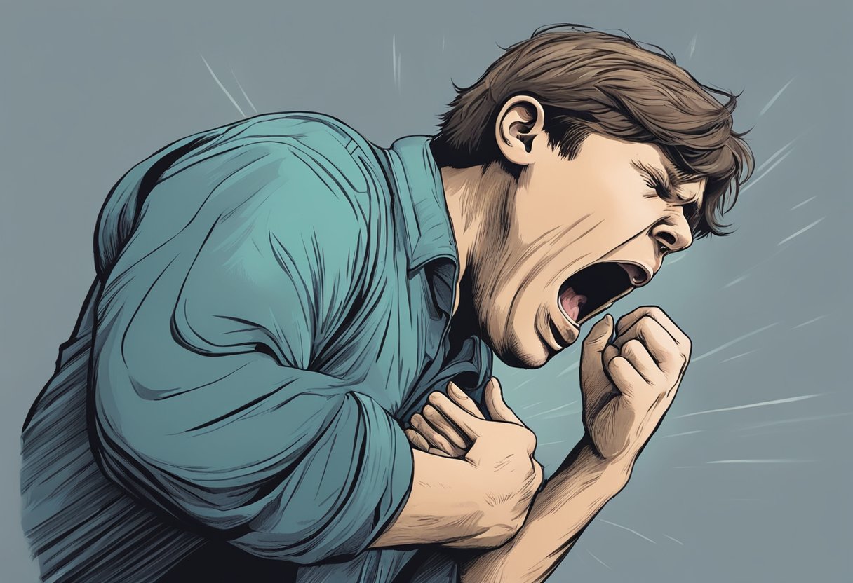 A person gasping for breath, clutching their chest in distress