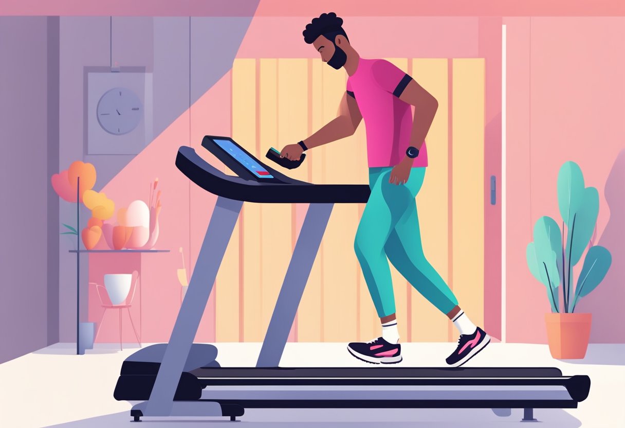 A person walking on a treadmill while reading a book, with a heart rate monitor displaying a healthy heart rate