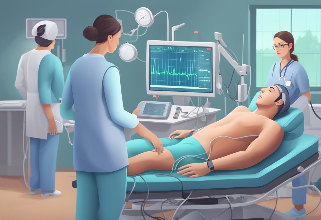 A heart monitor beeps steadily as a damaged heart undergoes rehabilitation, surrounded by medical equipment and a supportive medical team