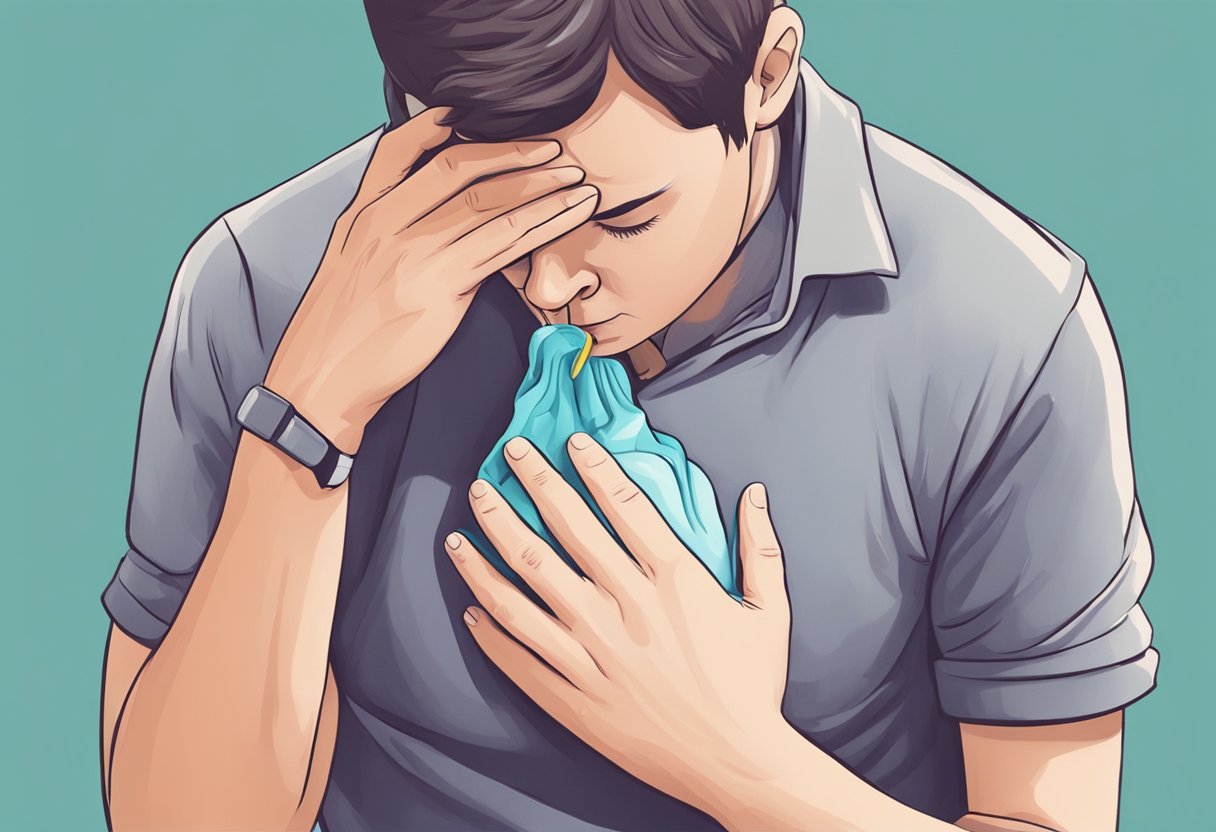 A person clutching their chest in pain, struggling to breathe with an inhaler nearby