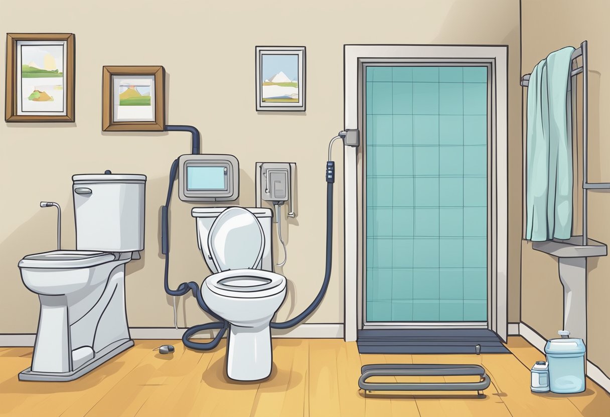 A low heart rate and diarrhea are depicted through a heart rate monitor showing a slow, irregular rhythm and a toilet with loose stools