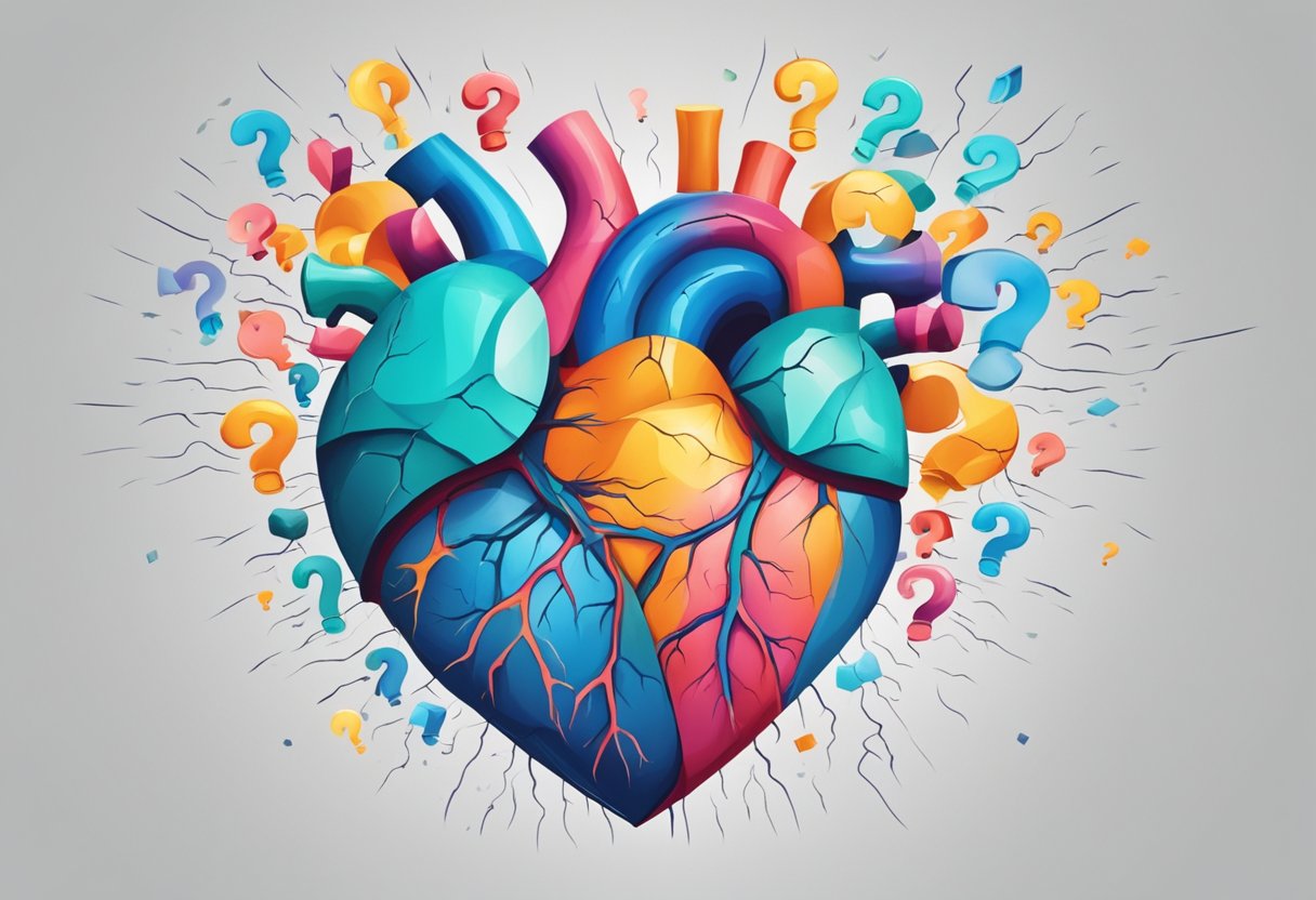 A heart with cracks and tears, surrounded by question marks and a sense of uncertainty