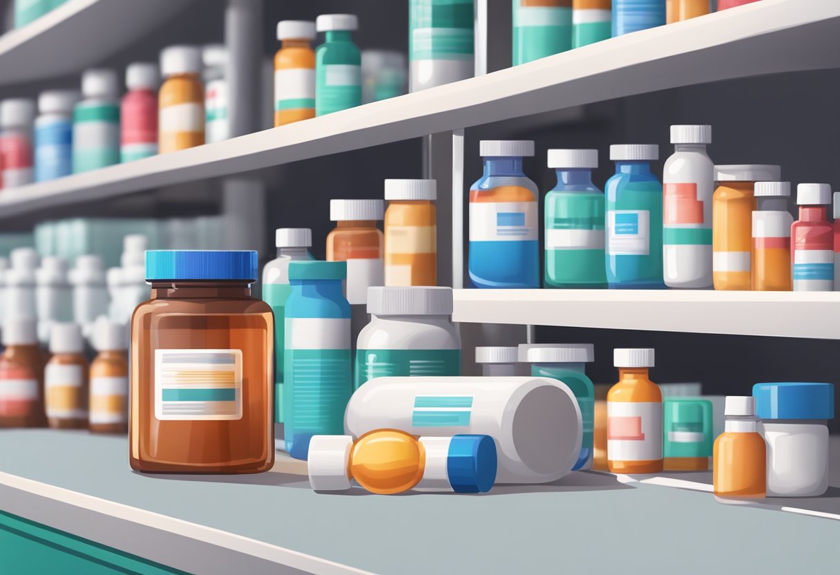 A bottle of heart failure medication sits on a pharmacy shelf, surrounded by other prescription drugs and medical supplies