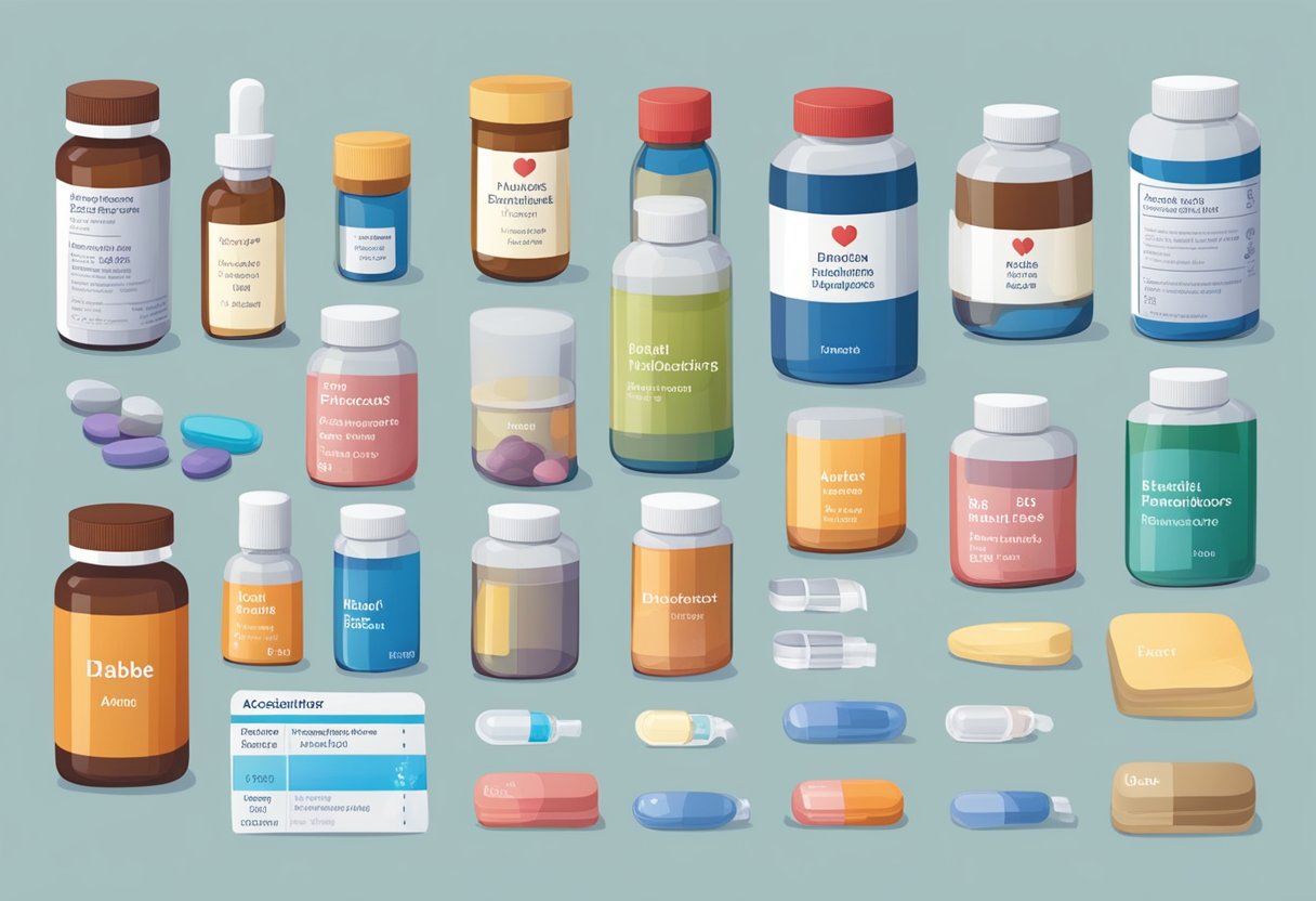 A table with various medications for heart failure, including ACE inhibitors, beta-blockers, and diuretics. Labels and dosages are visible