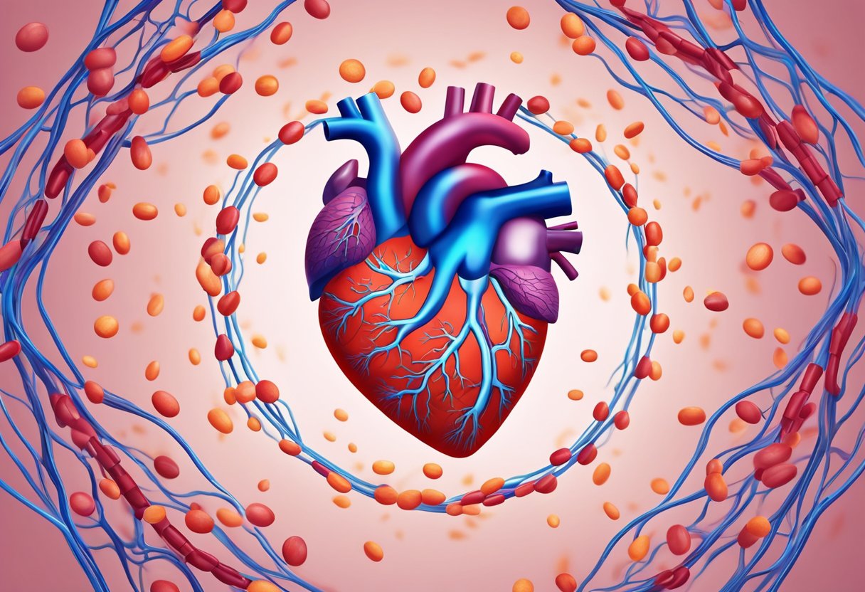 A heart surrounded by vibrant, healthy blood vessels, with Vitamin E molecules floating around, protecting and supporting cardiovascular health