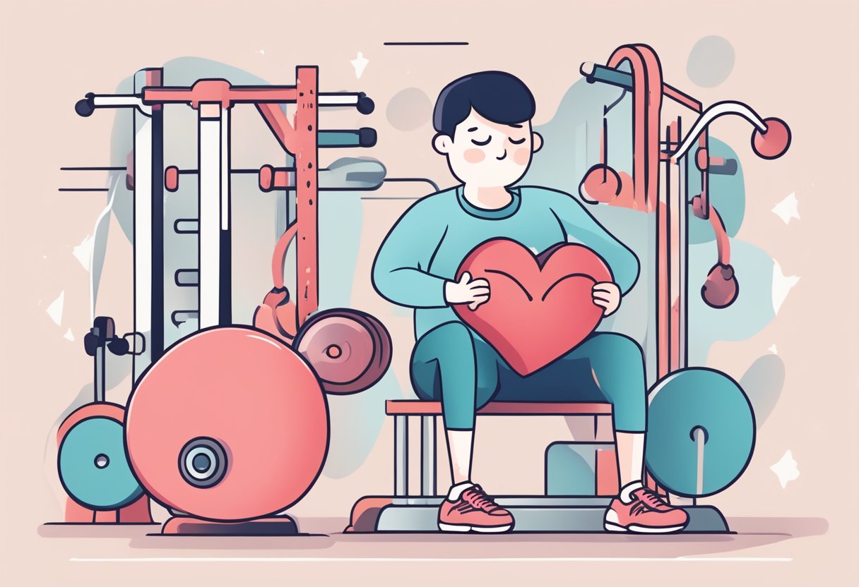 A heart with a frown, surrounded by exercise equipment and a person holding their chest in discomfort