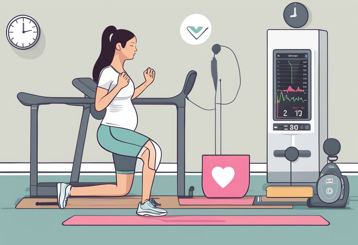 A pregnant woman is exercising with a heart rate monitor. She is following guidelines for safe exercise during pregnancy