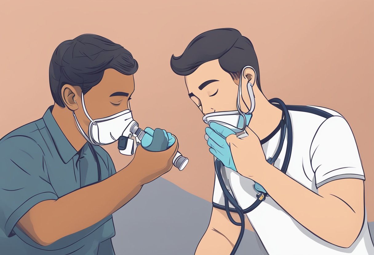 A person receiving inhaler treatment for asthma, while another person administers CPR during a heart attack