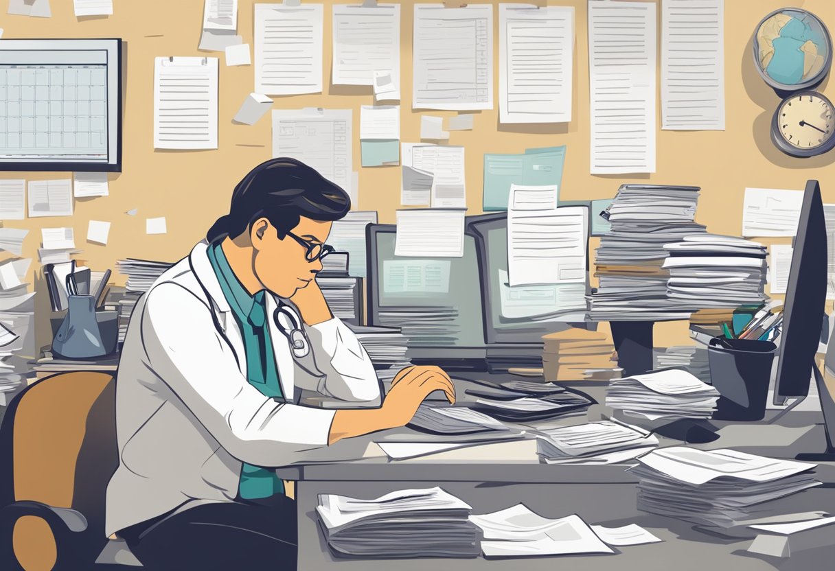 A person sitting at a desk surrounded by piles of paperwork and a computer screen, looking tired and stressed. A calendar on the wall shows a date for a doctor's appointment