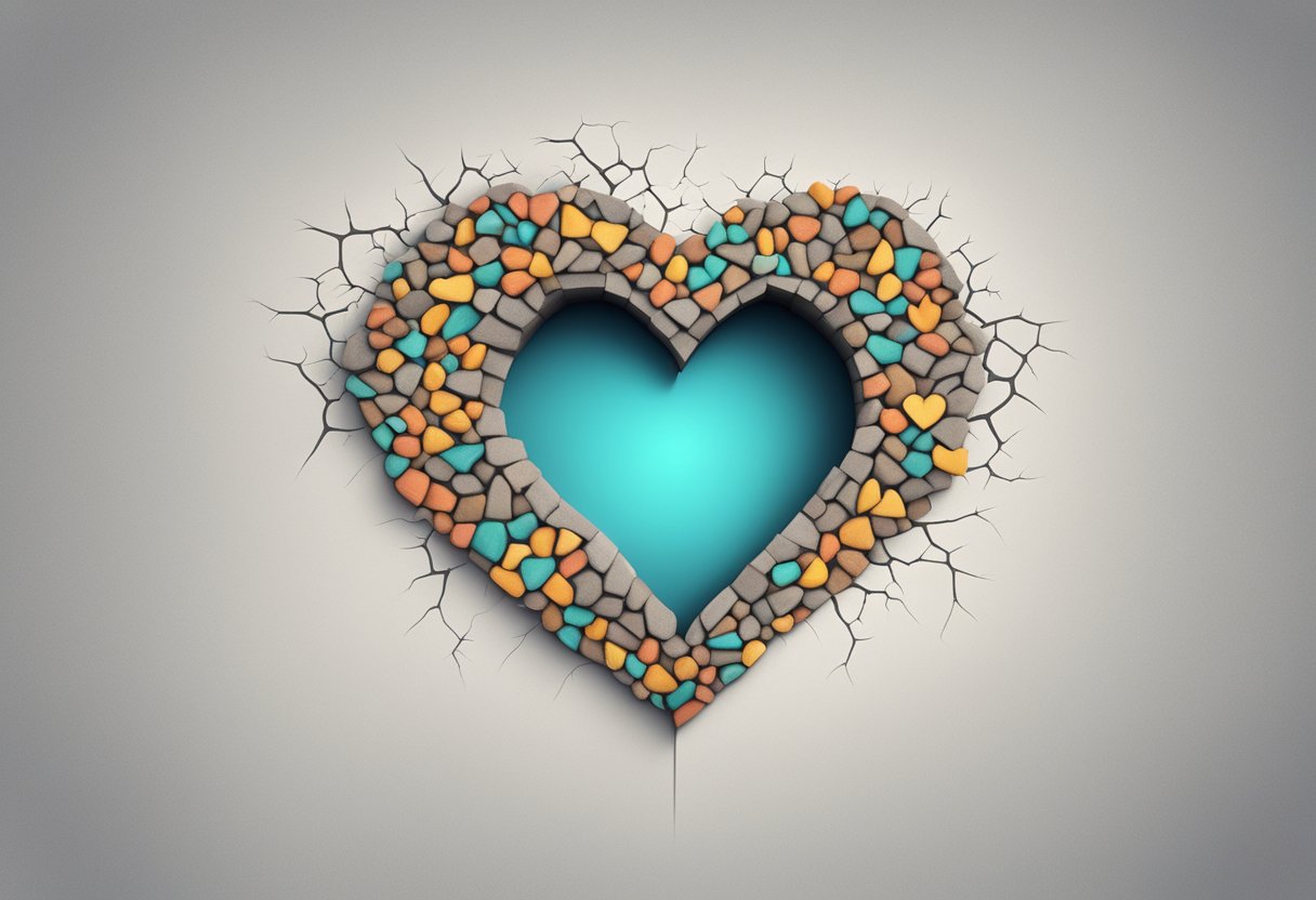 A heart-shaped hole in a wall, with a stroke symbol nearby