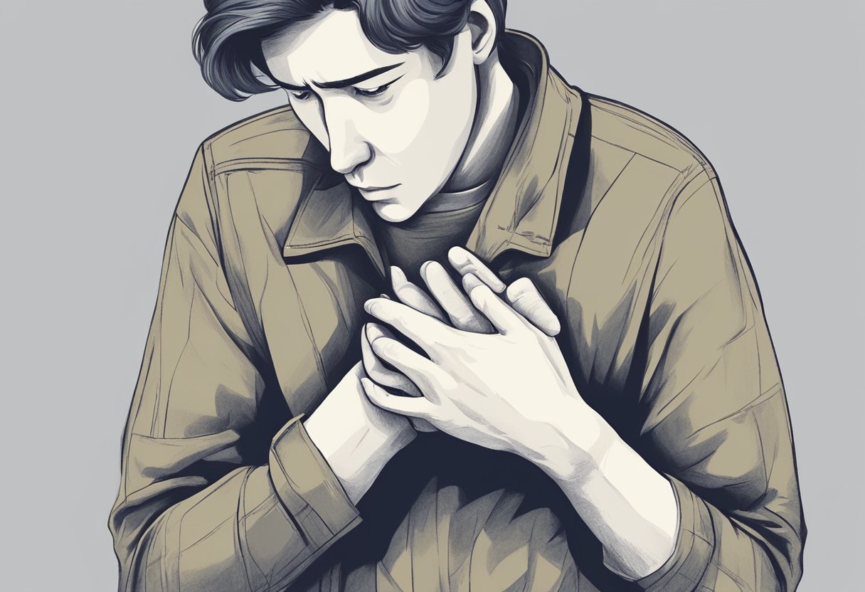 A person clutching their chest, looking queasy, and appearing anxious