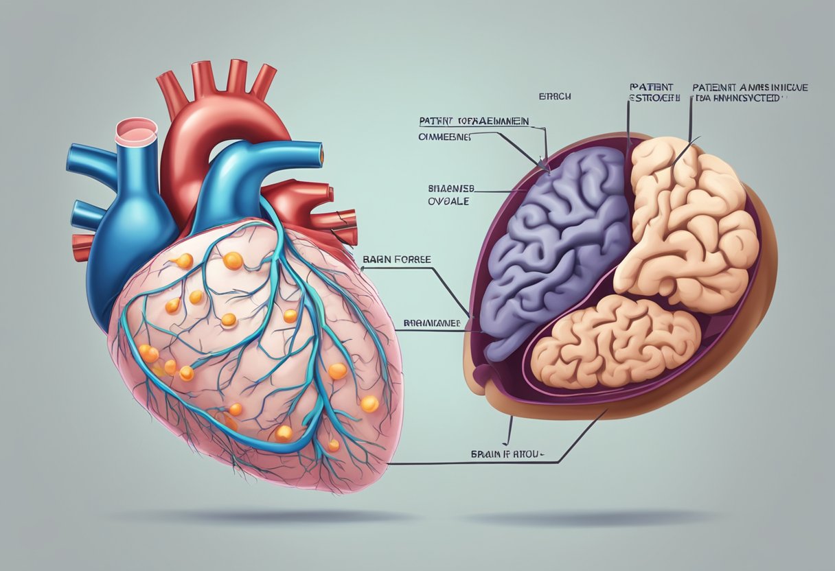 A heart with a visible hole, labeled "Patent Foramen Ovale," and a brain with a stroke, connected by an arrow