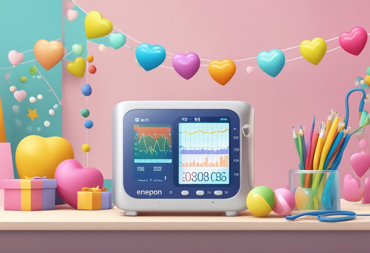 A child's heart rate monitor beeping steadily, with colorful pediatric-themed decorations in the background