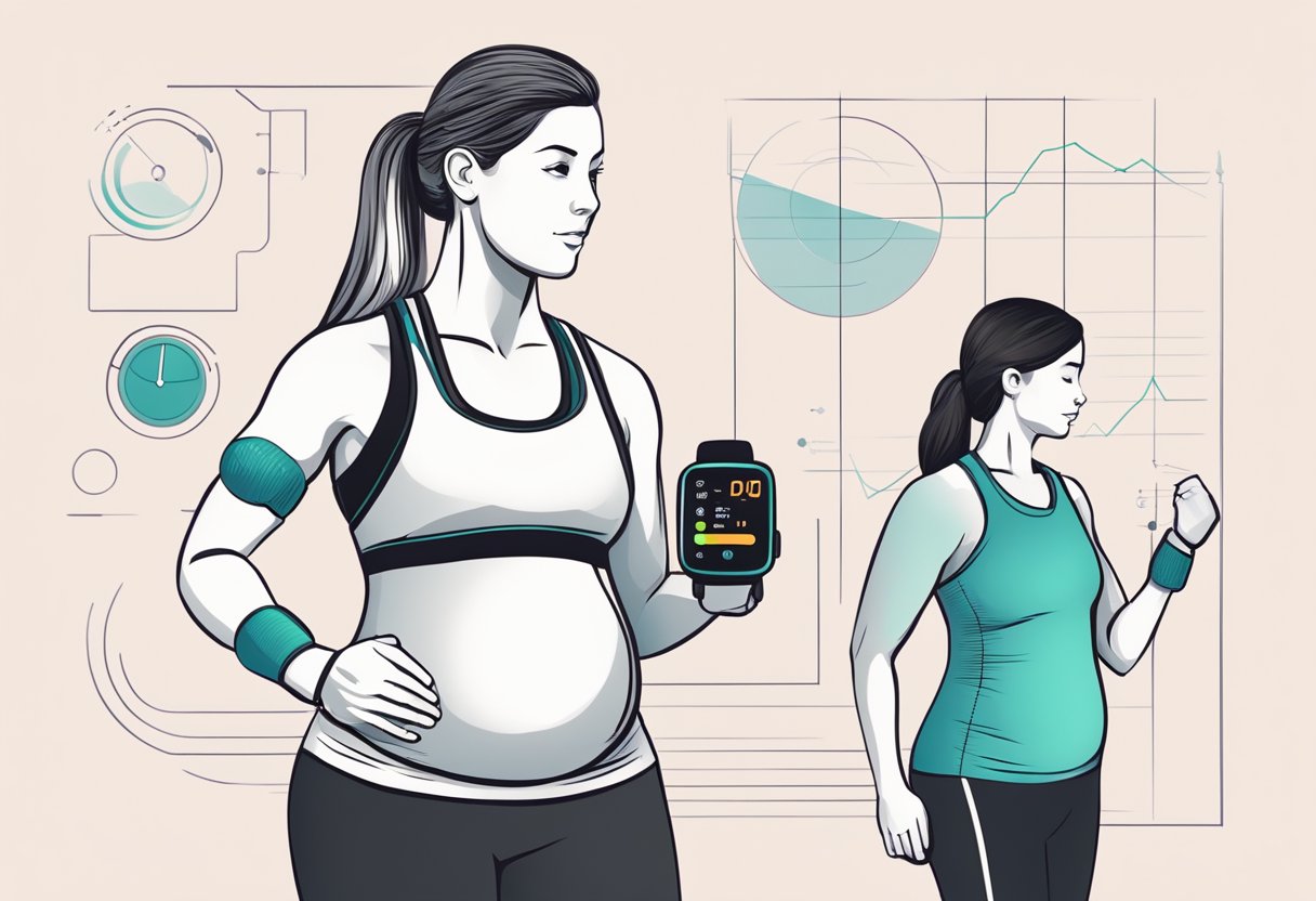 A person wearing a fitness tracker while exercising, with a heart rate monitor displayed. A pregnant woman modifies her workout plan with guidance from a trainer