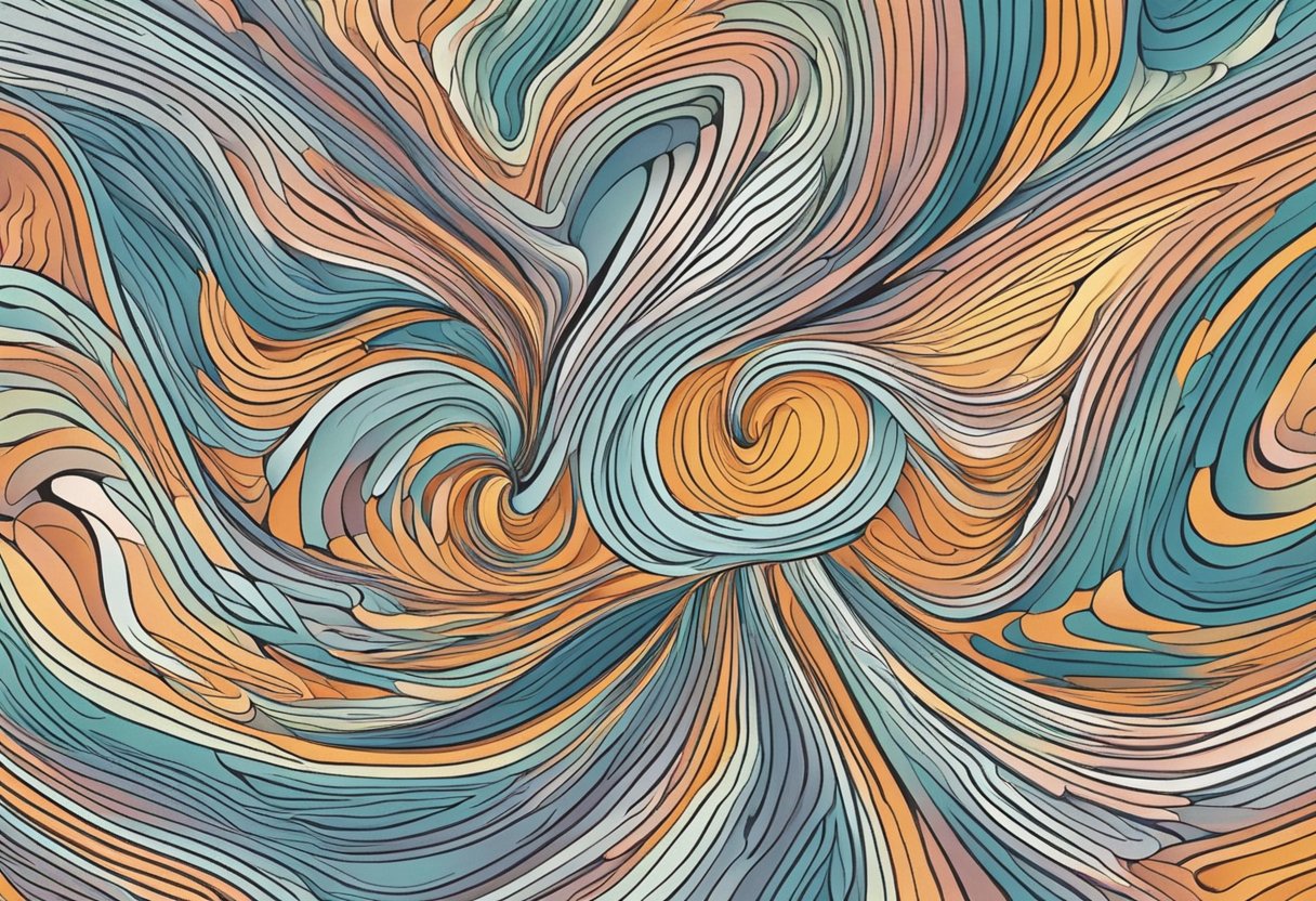 Heart palpitations, nausea, and anxiety are depicted through swirling lines and jagged shapes, creating a sense of unease and discomfort